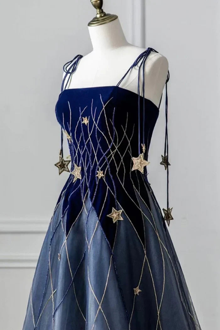 Weitese Dress A-Line Elegant Navy Blue Spaghetti Strap Long Prom Dress With Star